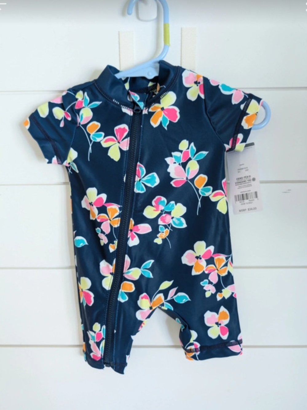 Carter's Infant Baby Girls Navy Blue Floral Short Sleeve Zip Rash Guard Swimsuit